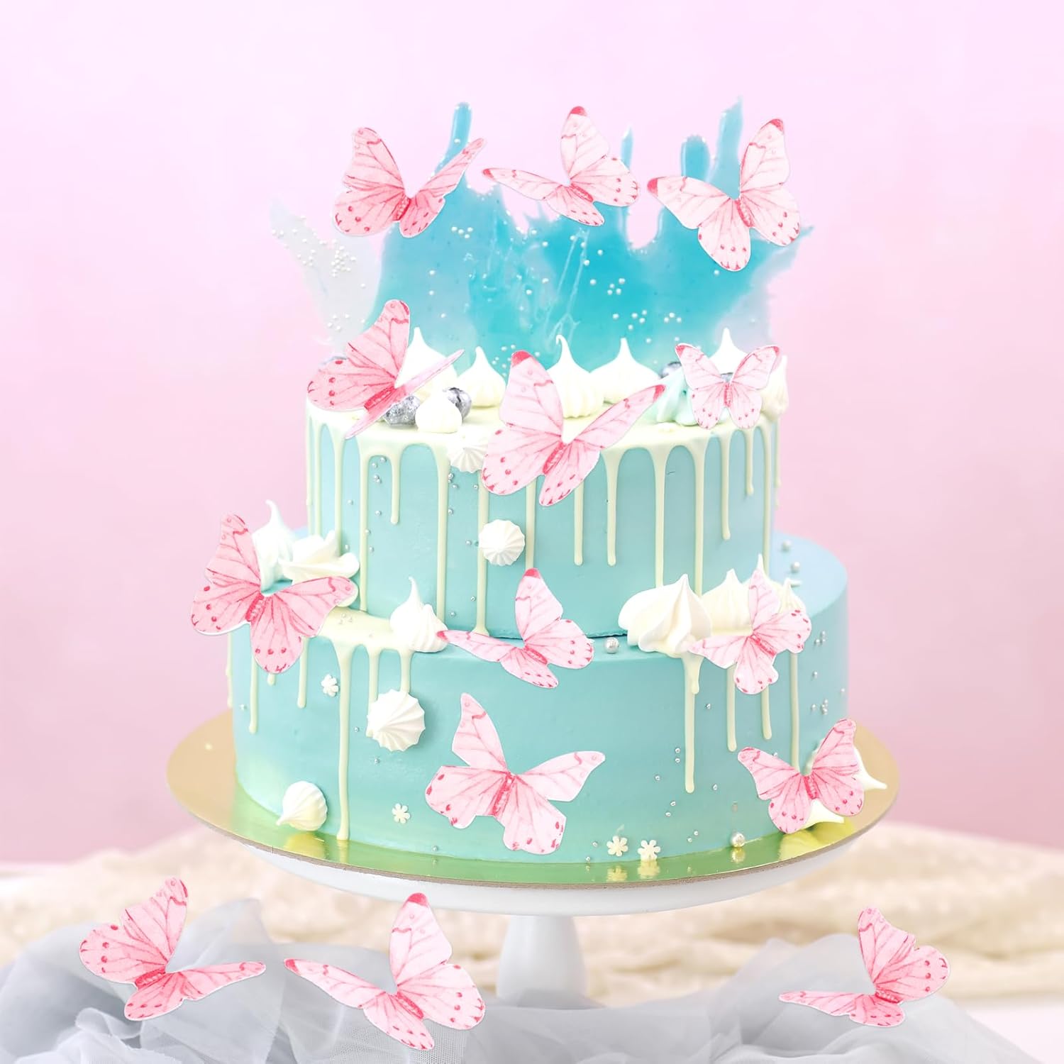 Skiennix Pink Butterfly Cake Decorations - 40 Edible Wafer Paper Cupcake Toppers for Parties
