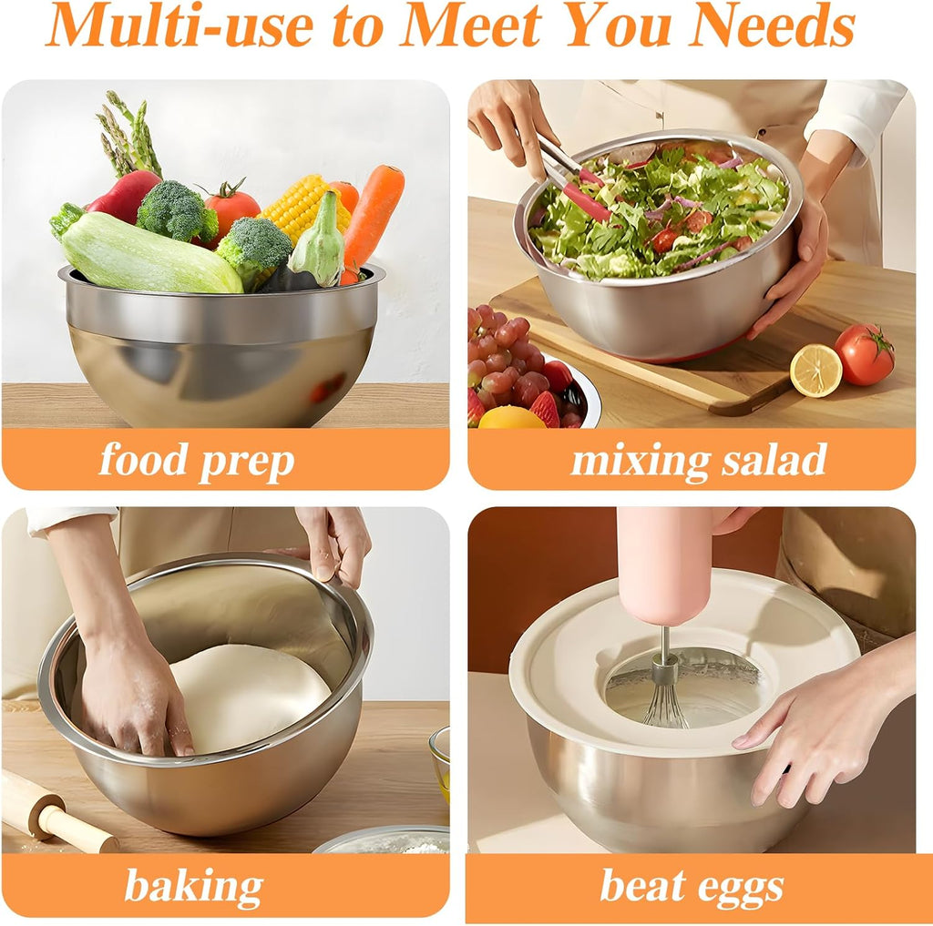 Skiennix Stainless Steel Mixing Bowls Set - 6 PCS with Lids & 3 Grater Attachments | Nesting Kitchen Organizers