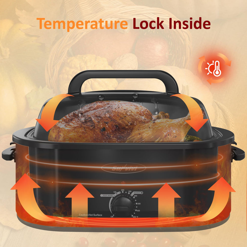 Sunvivi Electric Roaster Oven,28 Quart Roasting Oven with Self-Basting Lid Removable Pan,Turkey Roaster Oven with 150 to 450F Temperature Control Cool-Touch Handles, Black