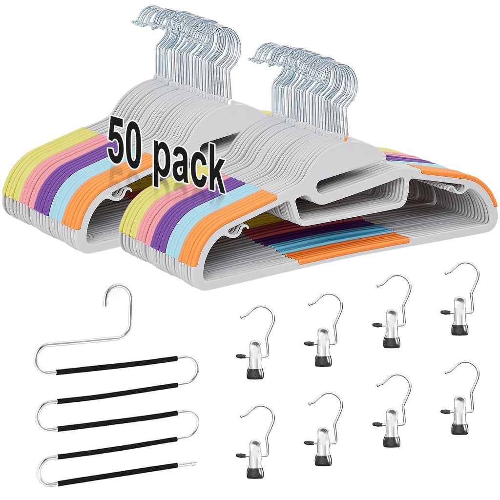 VECELO 50 Pack Coat Hangers, Premium Quality Plastic Suit Clothes Hanger, Non-Slip, Heavy-Duty, S-Shaped Opening, 360º Swivel Hook, Space-Saving for Bedroom Closet