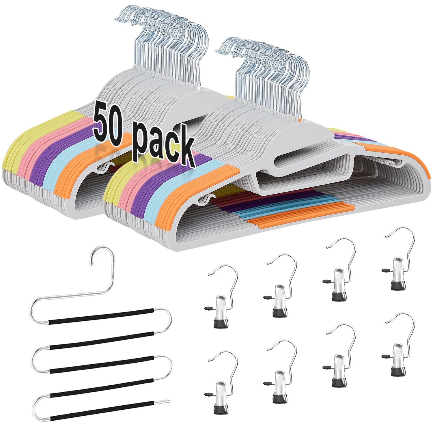 VECELO 50 Pack Coat Hangers, Premium Quality Plastic Suit Clothes Hanger, Non-Slip, Heavy-Duty, S-Shaped Opening, 360º Swivel Hook, Space-Saving for Bedroom Closet