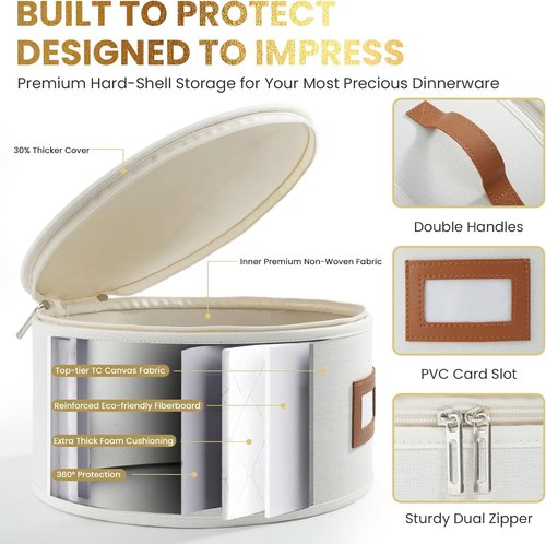 HOMELUX THEORY Hard Shell China Storage Containers - 8pc Ivory Mug & Plate Box with Lids | Heavy-Duty Kitchen Storage Bins
