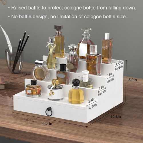 upcessory Cologne Organizer for Men, 4 Tier White Wood Perfume Organizer with Felt Lining Drawer and Hidden Compartment, Perfume Display Holder, A Gift for Men