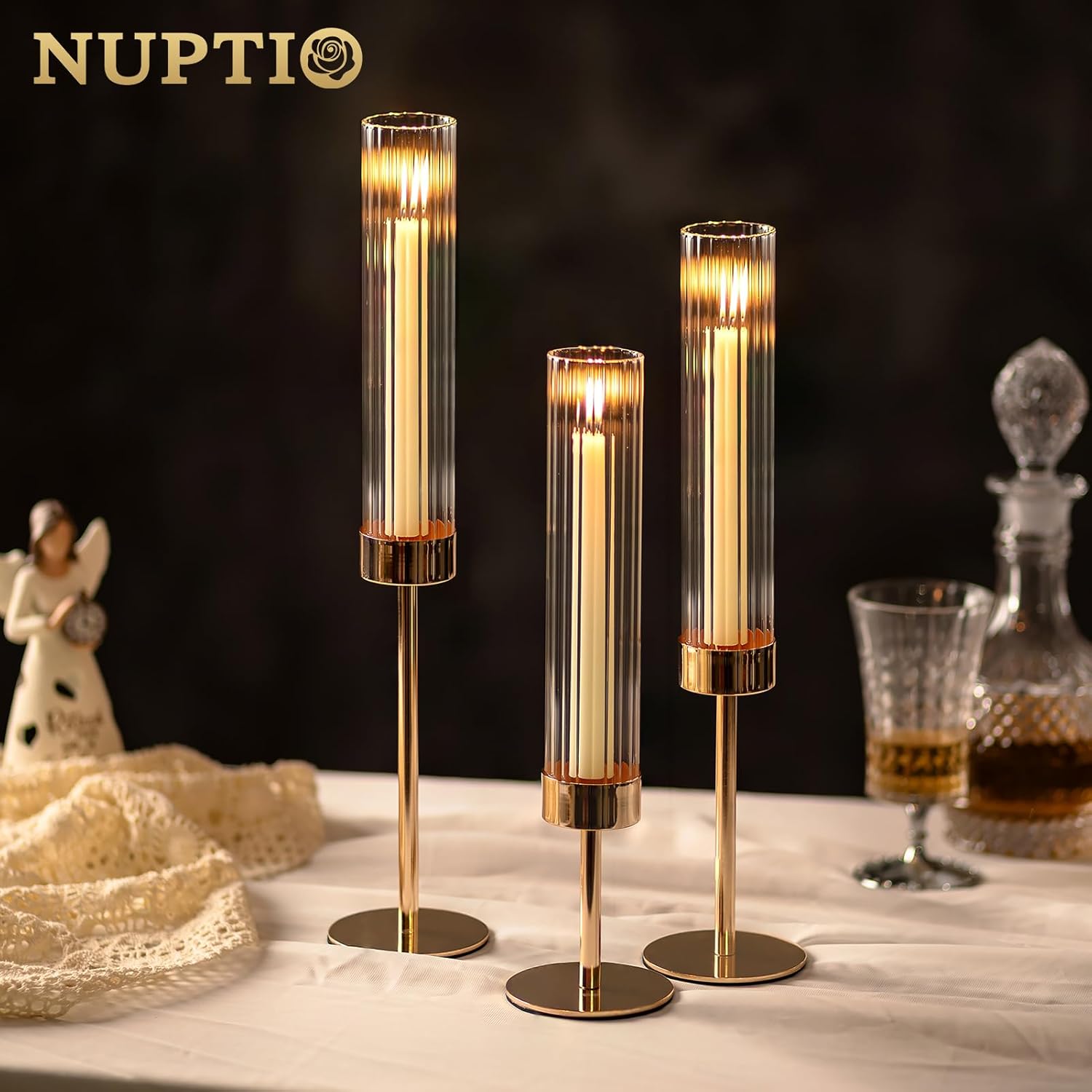 NUPTIO Tall Candlestick Holders - Elegant Hurricane Candle Holders with Ribbed Glass Sleeve | Set of 3 Gold Metal for Table & Fireplace Decor