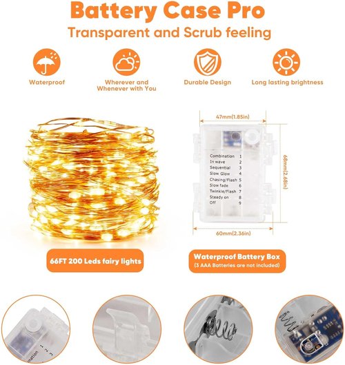 Ariceleo LED Outdoor String Lights - 65.6 Ft Battery Operated with Remote & Timer | Waterproof Warm White Fairy Lights for Parties, Weddings, and Decor