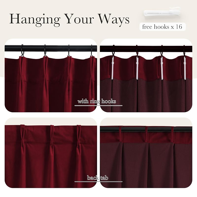 NICETOWN Pinch Pleat Velvet Blackout Curtains 96 In Long - Red 2 Panels, 40"W x 96"L