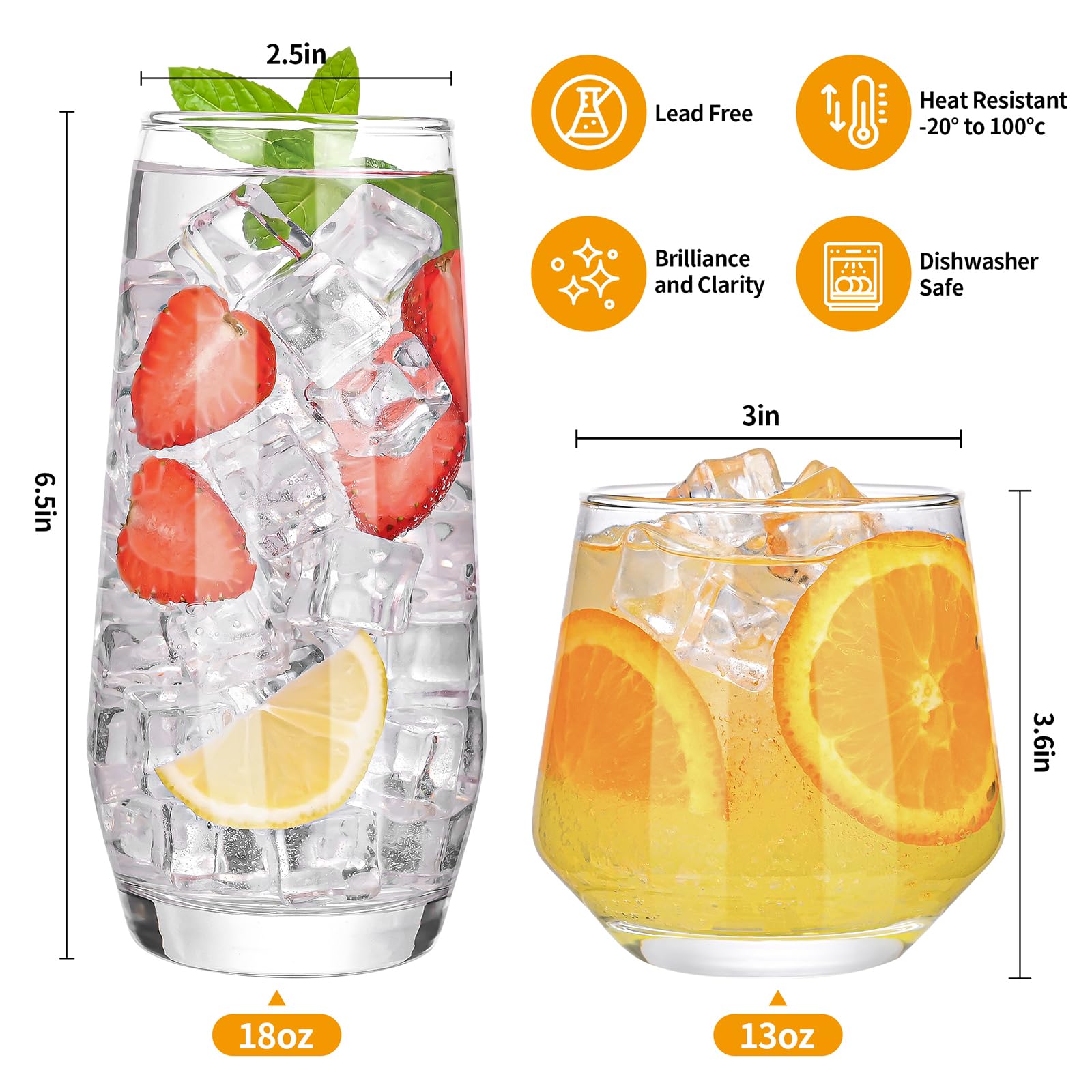 ZMOWIPDL Drinking Glasses Set of 8,Clear 13 oz & 18oz Crystal Glass Cups,Drinkware Glassware,Highball Water Tumbler,Short Stemless Wine Glasses，for Beer,Cocktail,Whiskey,Juice and Various Mixed Drinks