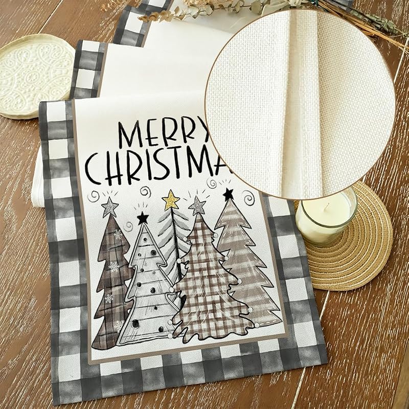 Table Runner 13x72 Inches - Merry Christmas Buffalo Plaid, Yellow