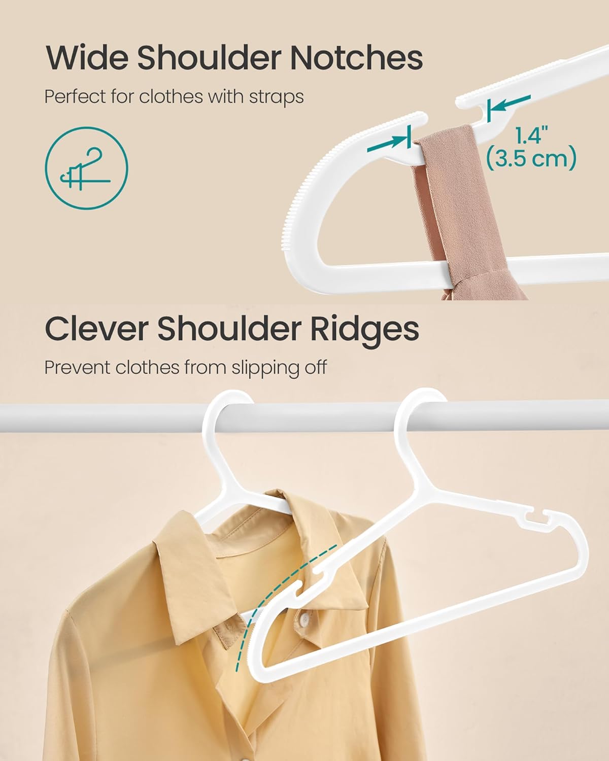 SONGMICS Clothes Hangers - Space-Saving Plastic Hangers with Wide Shoulder Notches | 50-Pack, 16.4 Inches, Cloud White