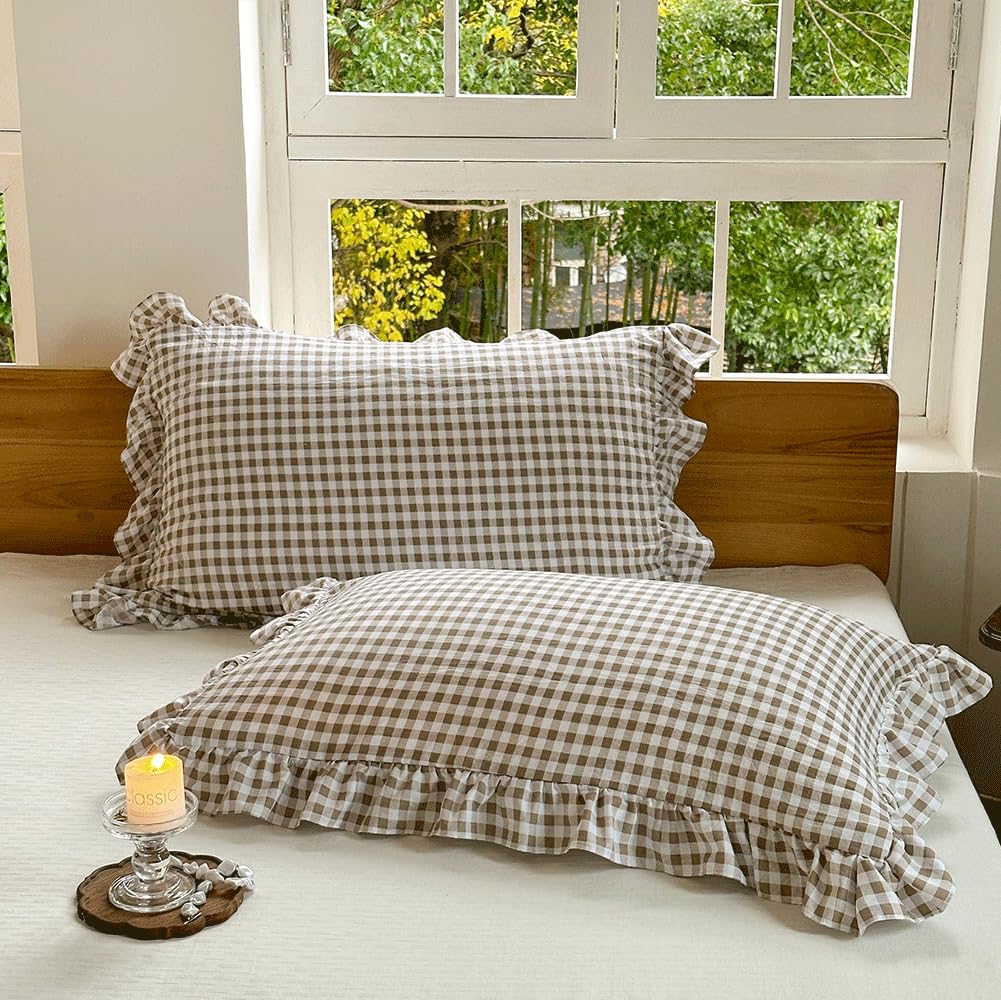 NSNLGSGC Tan Ruffled Plaid Gingham Standard Size Pillow Shams 20"x26", Set of 2 Taupe Checked Pre-Washed Microfiber Farmhouse Pillowcases for Bed/Sofa (20"x26", Tan Gingham)