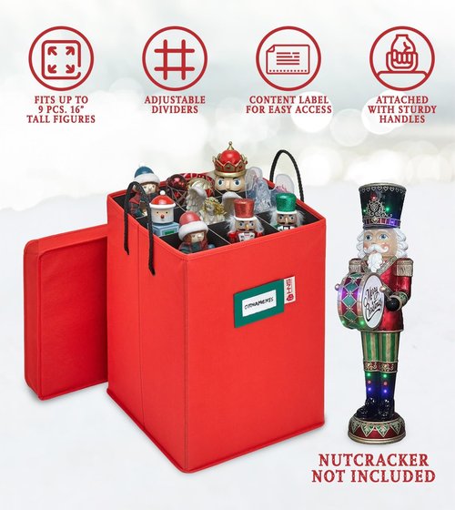 Christmas Nutcracker Storage Box | Collectible Organizer for 9-16" Tall Nutcrackers & Ornaments - Adjustable Dividers