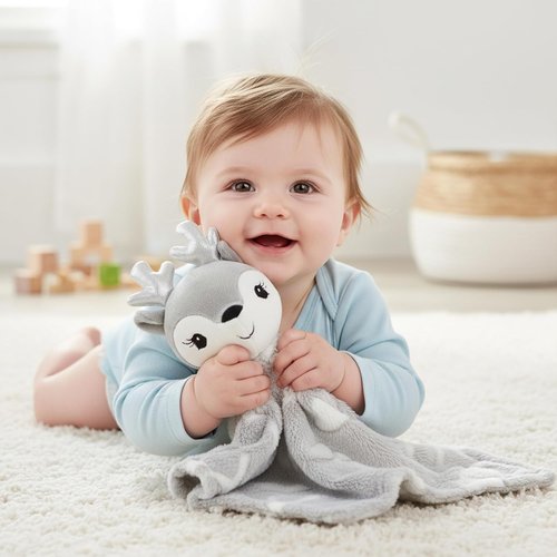 June Garden Cozy Dream Fleece Baby Security Blanket - Soft Plush Stuffed Deer Lovey | 15 x 15 Inches - Grey