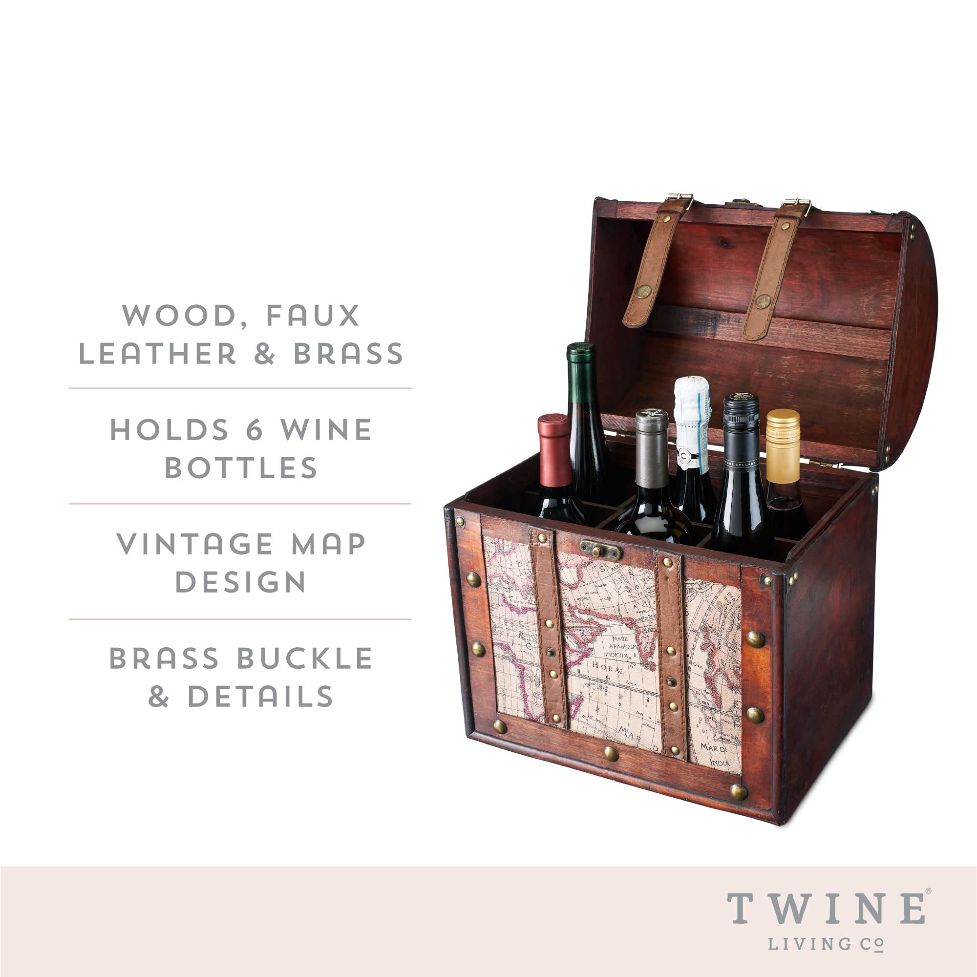 Twine Old World 6 Wooden Wine Bottle Gift Box - Wine Decorative Storage Box with Lid and Handle, Wine Accessory Sets, Wood, Faux Leather in Antique Map Design Liquor Gift Box