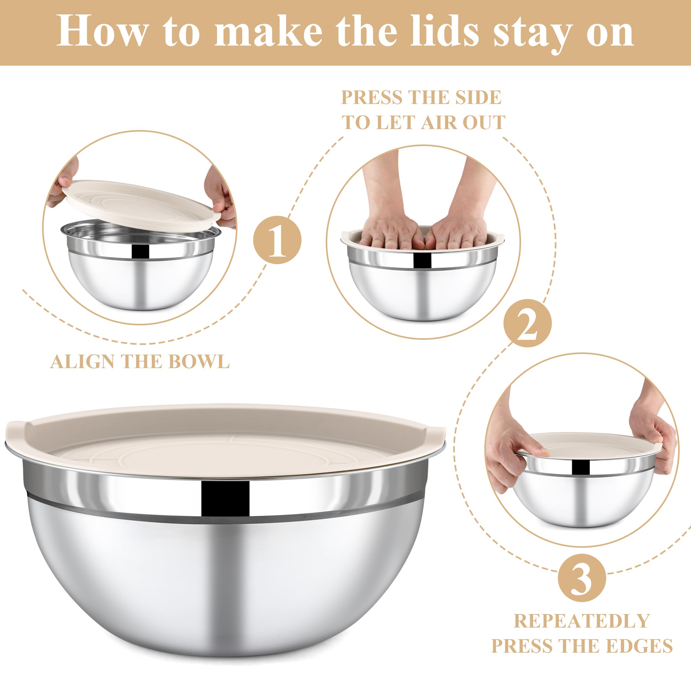 Funnydin 7 Piece Stainless Steel Mixing Bowls with Lids Set - Khaki Nesting Metal Mixing Bowls for Kitchen, Sizes 4.5, 4, 3.5, 2.1, 1.5, 1.1, 0.7 Qt for Baking, Cooking and Serving, Dishwasher Safe