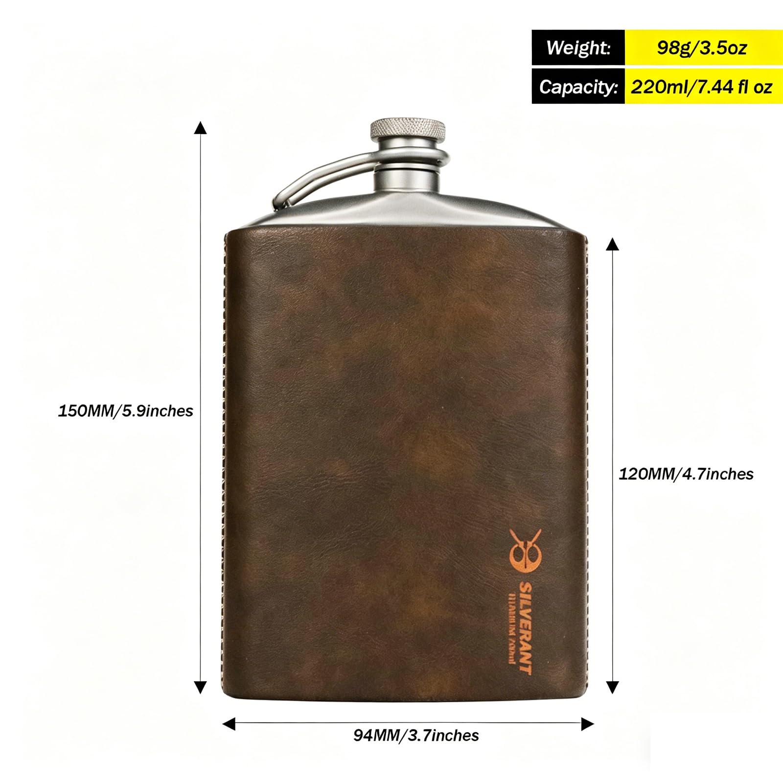 SILVERANT Titanium Ultralight 7.44oz/220ml Hip Flask Canteen, Lightweight Compact Outdoor Flask, Limited Edition With Leather Case & Funnel