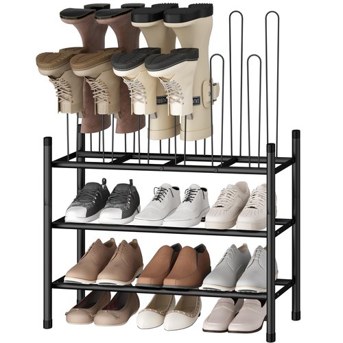 STO STO Detachable Shoe and Boot Rack Organizer, Metal Stackable Boot Rack for 6 Pairs, 2-Tier Shoe Rack for 9 Pairs, Adjustable Shelf Width, Space-Saving Shoe Boot Storage for Closet Entryway Mudroom