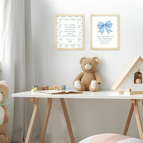 LARTSFRO Coquette Blue Bow Wall Art Decor - Inspirational Bible Verses | Set of 4, 10x8 Inch Pictures for Teen Girls' Rooms