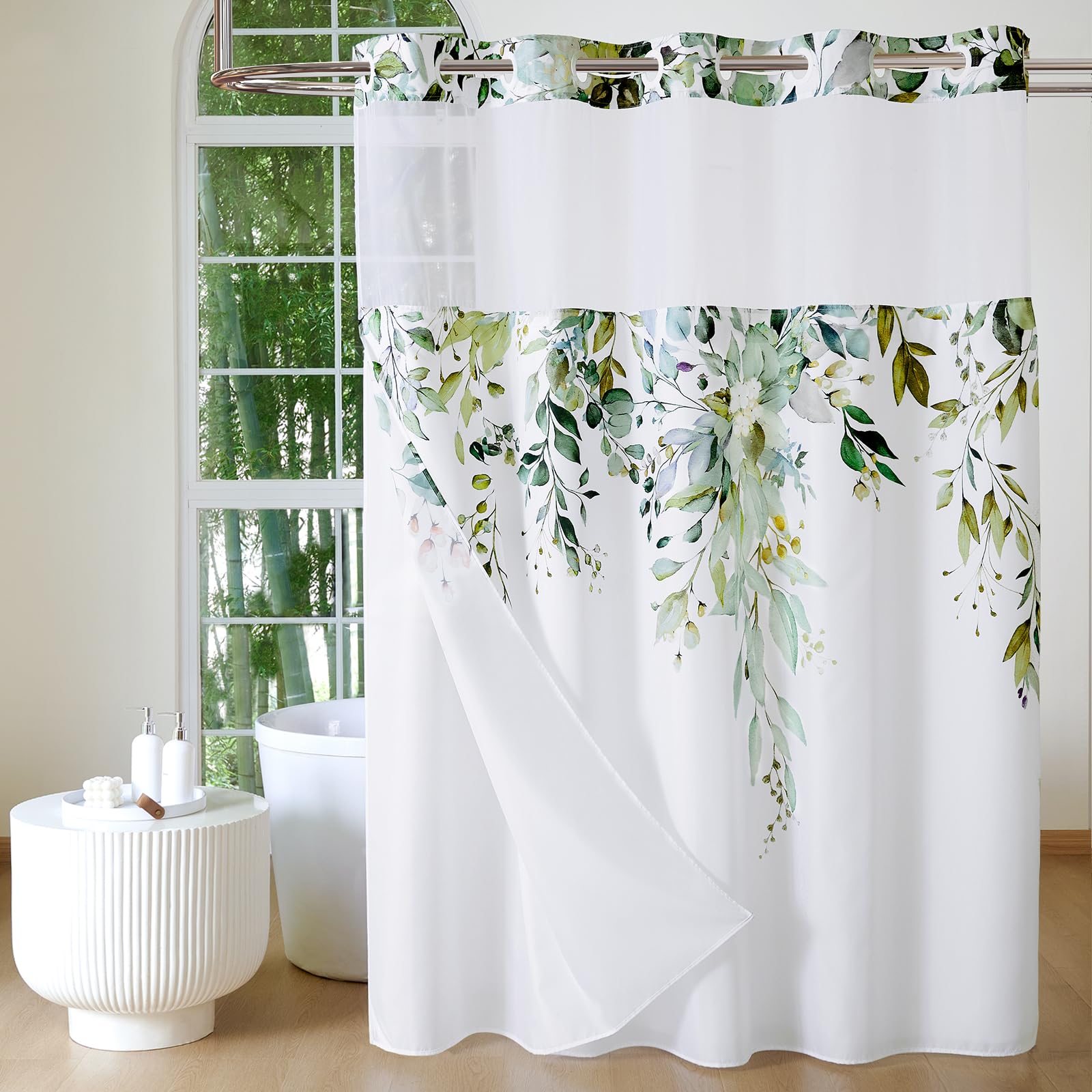 QiyI No Hook Shower Curtain with Snap in Fabric Liner, Sage Green Eucalyptus Shower Curtain with See Through Top Window, Waterproof Washable Cloth Ringless Shower Curtain Set for Bathroom, 72 x 75