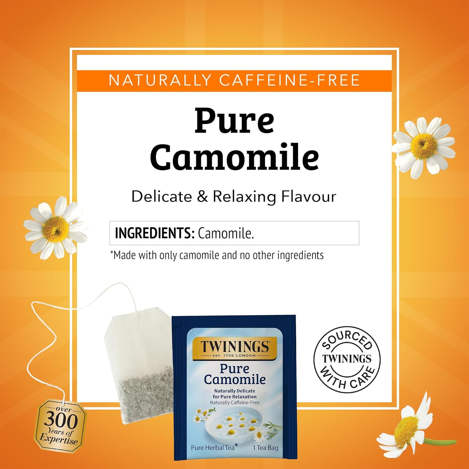 Twinings Pure Camomile Herbal Tea - Caffeine-Free, 50 Individually Wrapped Bags | Pack of 6, Perfect Hot or Iced