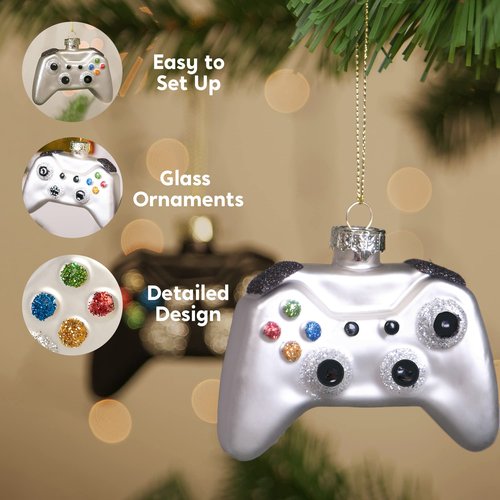 JOYIN Christmas Video Game Controller Small Glass Ornament, 2 pcs Mini Black and White Glass Blown Set Handcrafted for Tree Hanging Ornament Outdoor Christmas Decorations Indoor