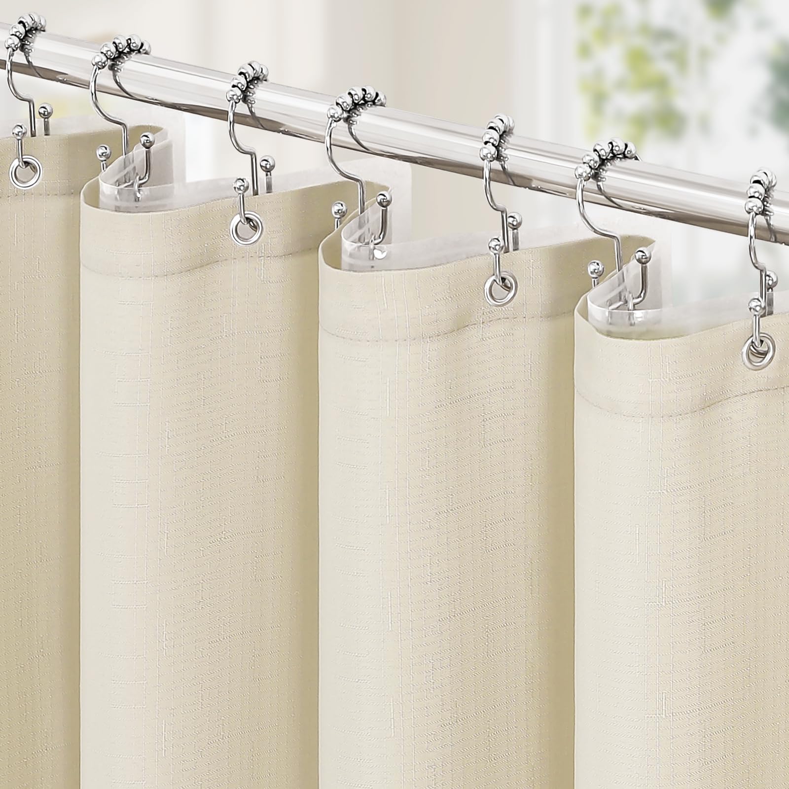 MitoVilla 3 in 1 Shower Curtain Set, Neutral Modern Slub Textured Fabric Shower Curtain and Clear PEVA Liner Set with 12 Double Sided Steel Hooks, Waterproof Fabric Hotel Bathroom Curtain-72x72