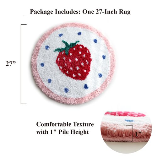6 Funpop Fluffy Rug, 27 in Tufted Round Strawberry Area Rug for Bedroom; Non - Slip Bath Mat for Bathroom; Soft Cute Carpet for Living Room, for Girls' Room, for Kitchen, Machine - Washable