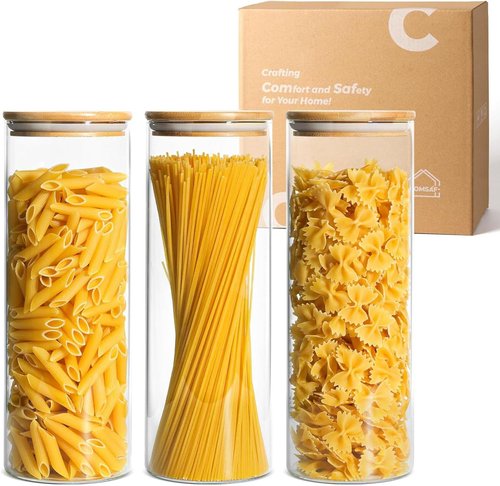 ComSaf Glass Pasta Storage Container Set - 2 Qt Tall Airtight Jars with Wood Lids for Kitchen Pantry