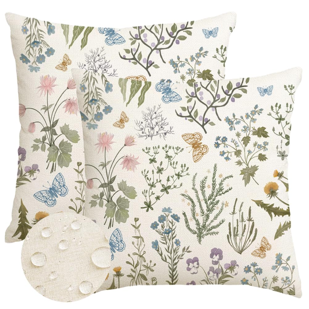 ARGOOFG Outdoor Spring Pillow Covers 18x18 Inch Set of 2,Waterproof Daisy Throw Seasonal Floral Outdoor Decorative Square Linen Farmhouse Decor Cushion Covers for Home Sofa Bed Couch Pillow Covers
