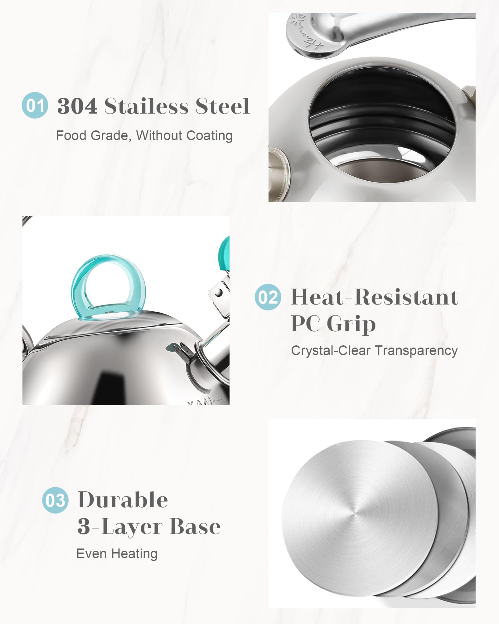 Harriet Tea Kettle Stovetop, 2.5 Quart Whistling Stainless Steel Tea Pot, 3-Layer Base, Unique Ergonomic Handle, Includes Pot Holder & Mat, Electric/Induction/Gas Stovetops Applicable, Mirror Finish