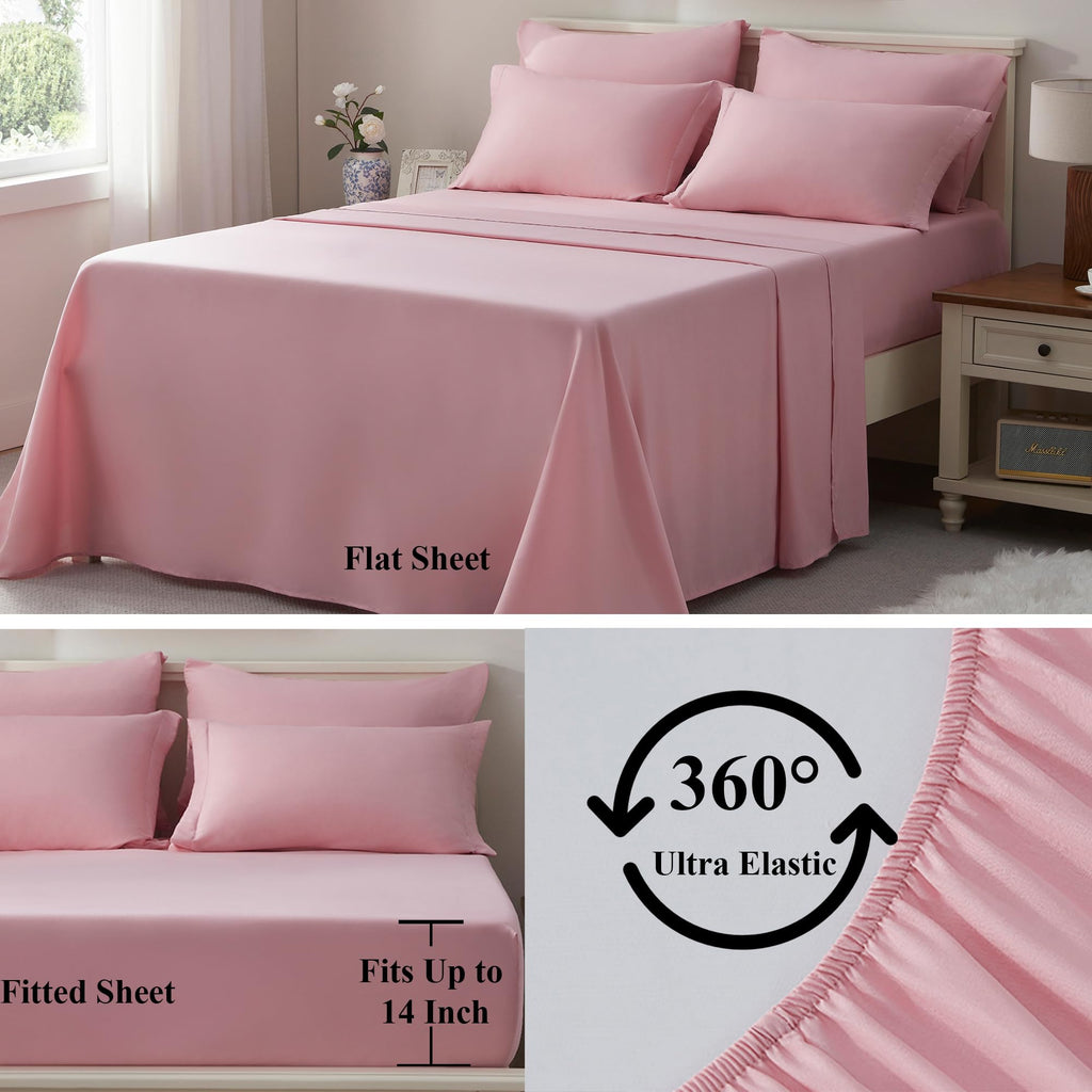 ELNIDO QUEEN® Queen Comforter Set - 7 Pieces Bed in a Bag Queen Size, Bed Set for All Seasons, Blush Pink Ultra Soft Bedding Sets with Comforter, Flat Sheet, Fitted Sheet, Pillowcases and Pillow Shams