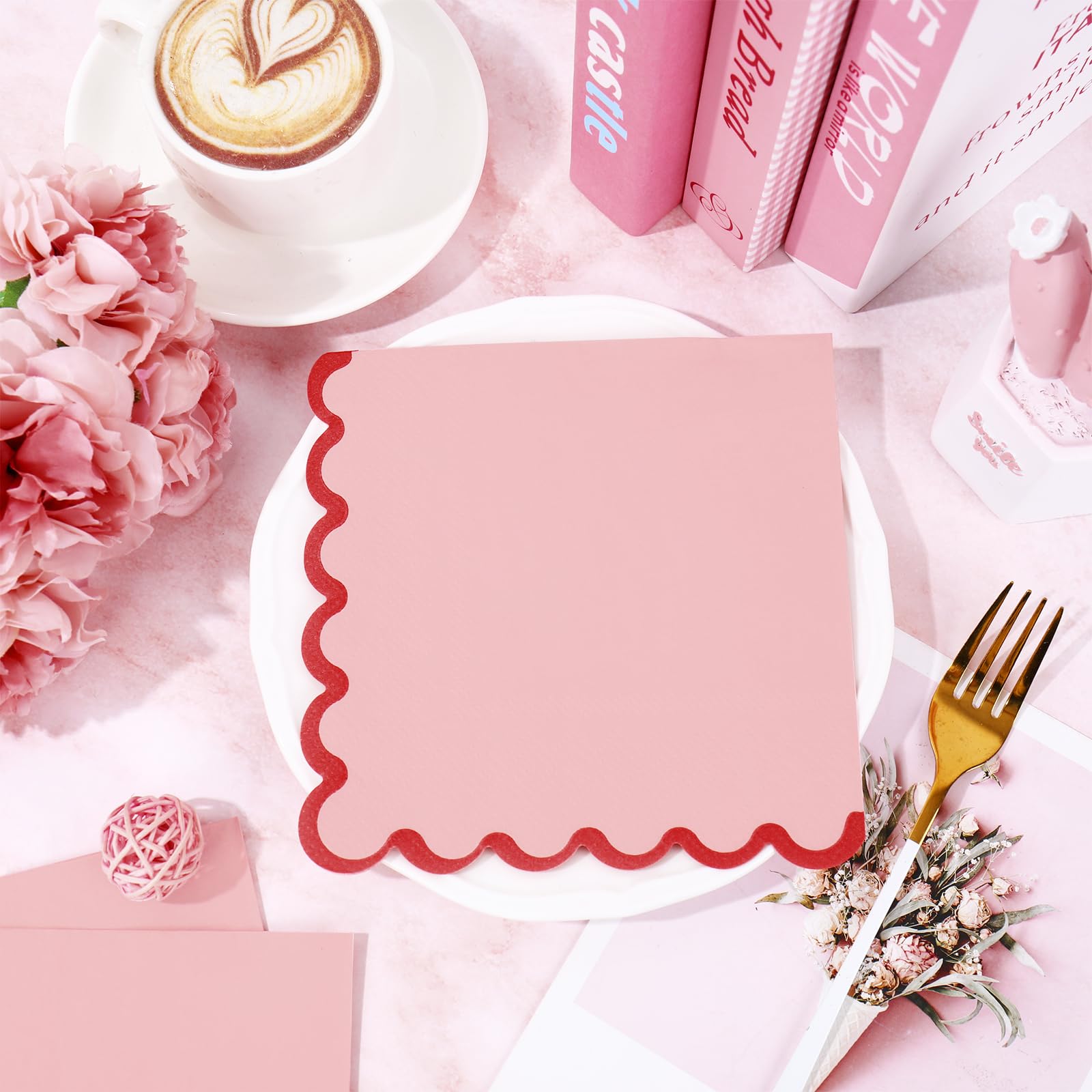 FYSUIMU 50 Pcs Pink Red Luncheon Napkins Disposable Paper Napkin Scalloped Decorative Dessert Dinner Hand Napkin for Valentine' s Day Wedding Home Party Table Supplies Decor