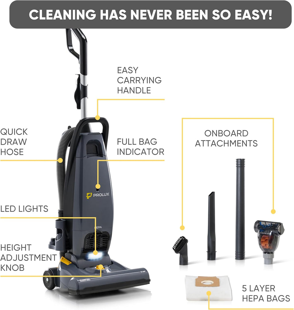 Prolux Phantom Pro Vacuum Cleaner - Lightweight 12lbs with HEPA Filtration & Onboard Tools for Deep Cleaning