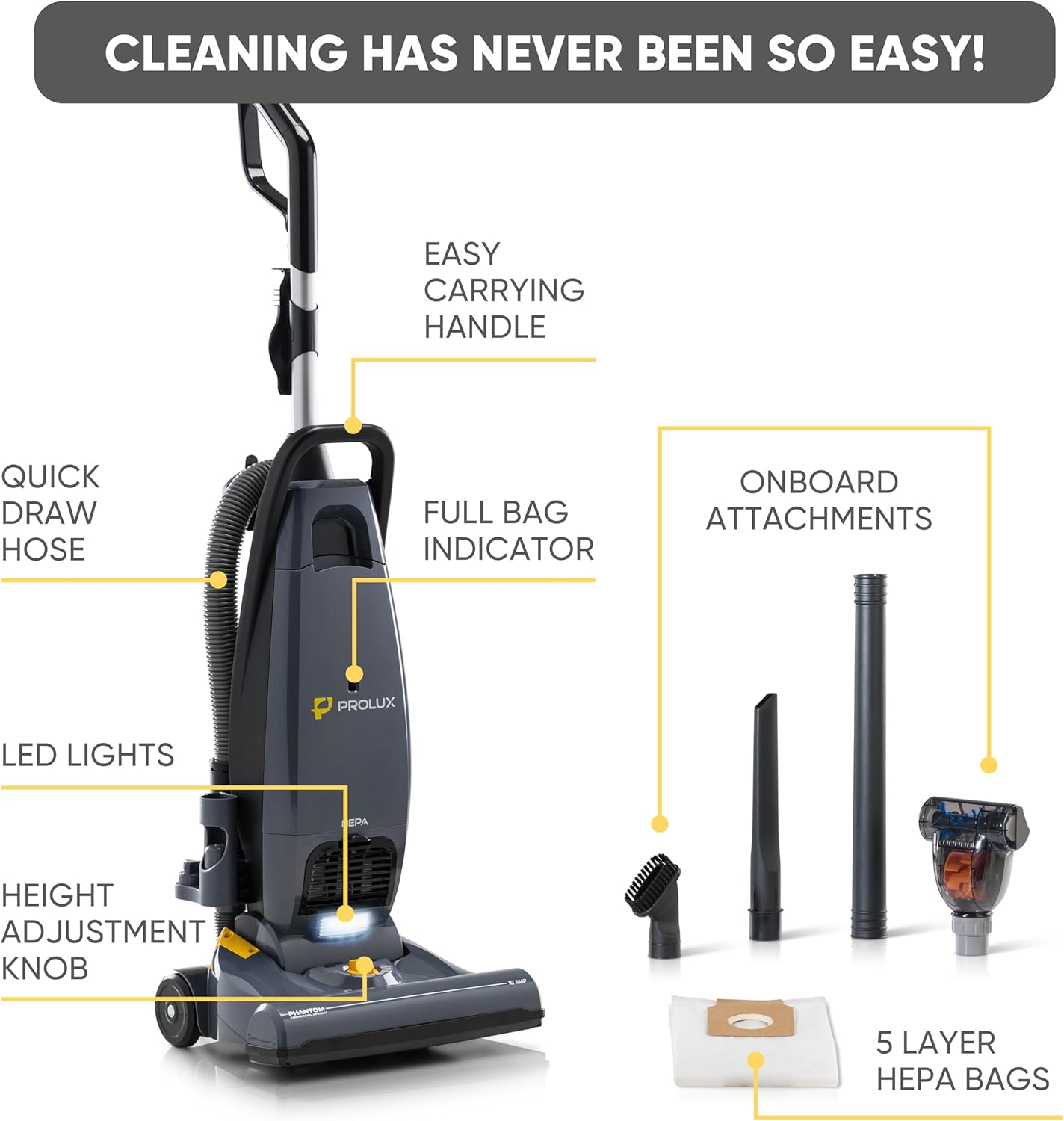 Prolux Phantom Pro Vacuum Cleaner - Lightweight 12lbs with HEPA Filtration & Onboard Tools for Deep Cleaning