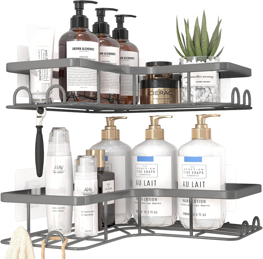 Sakugi Corner Shower Caddy - Rustproof Stainless Steel Organizers with 8 Hooks | No-Drill, Space-Saving, Grey, 2 Pack