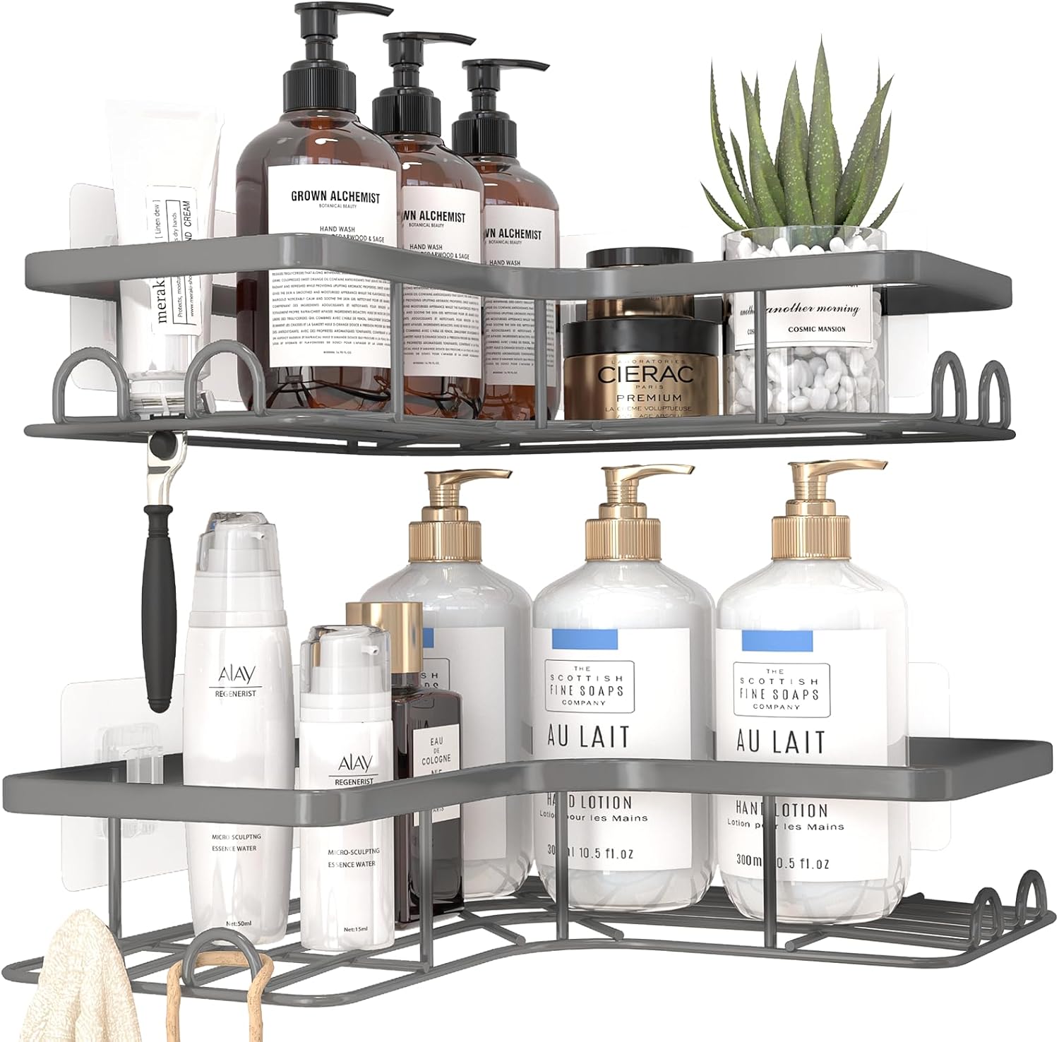 Sakugi Corner Shower Caddy - Rustproof Stainless Steel Organizers with 8 Hooks | No-Drill, Space-Saving, Grey, 2 Pack