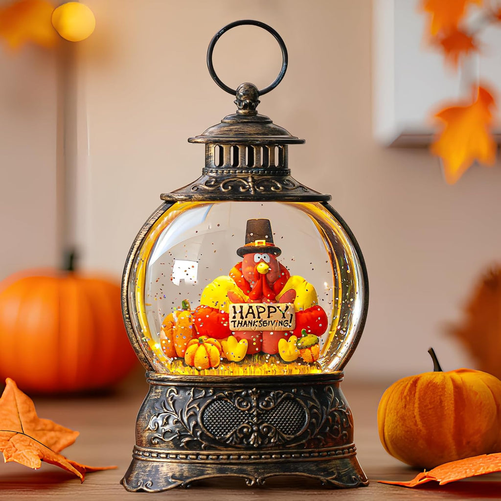 Regine Switzerland Snow Globe - Swirling Glitter Thanksgiving Lantern | Autumn Harvest Decor (Turkey & Pumpkins)