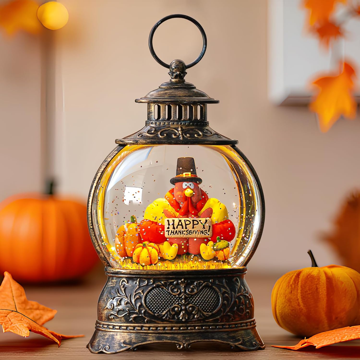 Regine Switzerland Snow Globe - Swirling Glitter Thanksgiving Lantern | Autumn Harvest Decor (Turkey & Pumpkins)