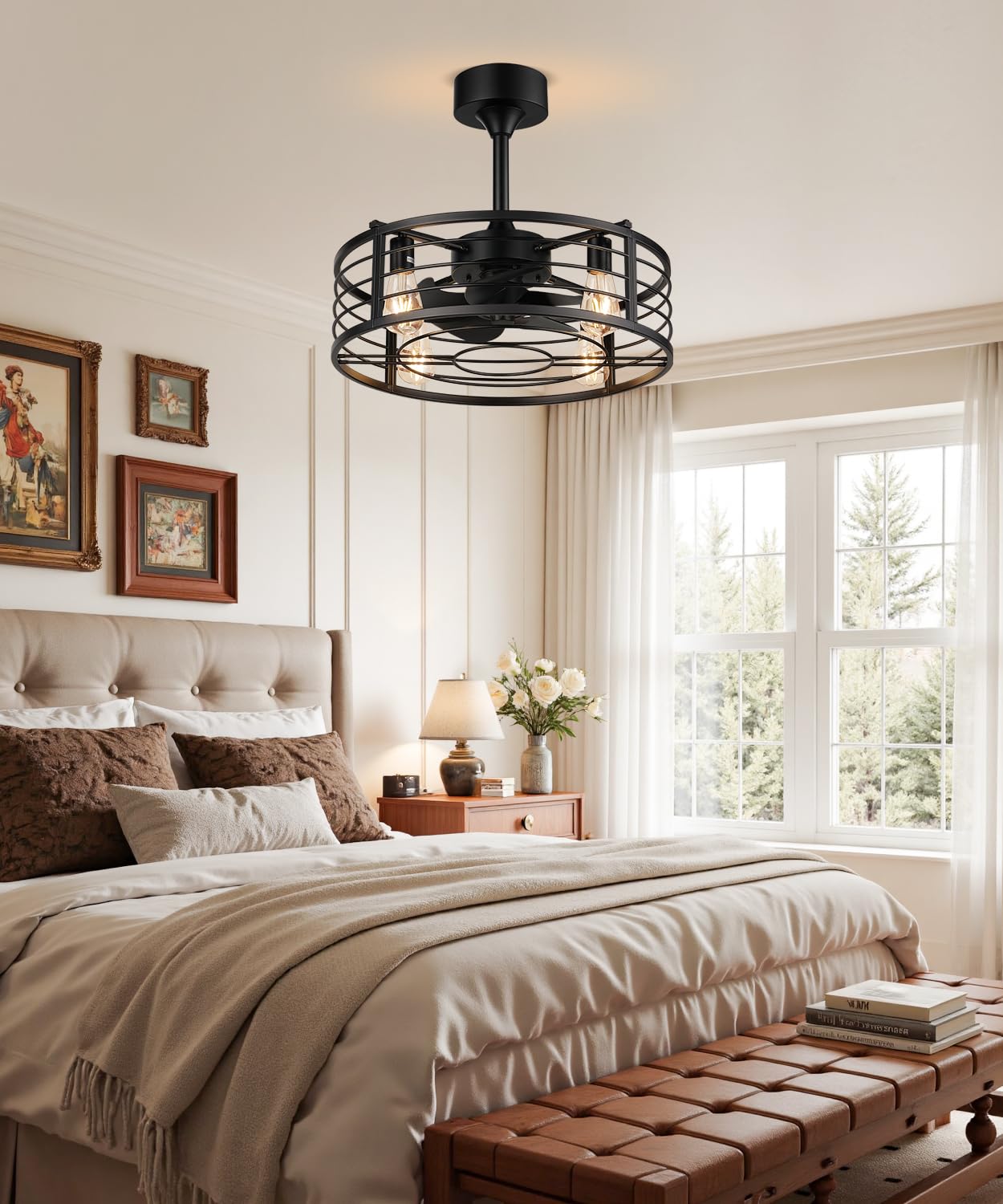 Fivesun 20" Caged Ceiling Fans with Lights and Remote, Fandelier Farmhouse Industrial Fan Lights Ceiling Fixtures Small Ceiling Fan with 6 Speeds and Timing for Kitchen, Bedroom, Outdoor-Black