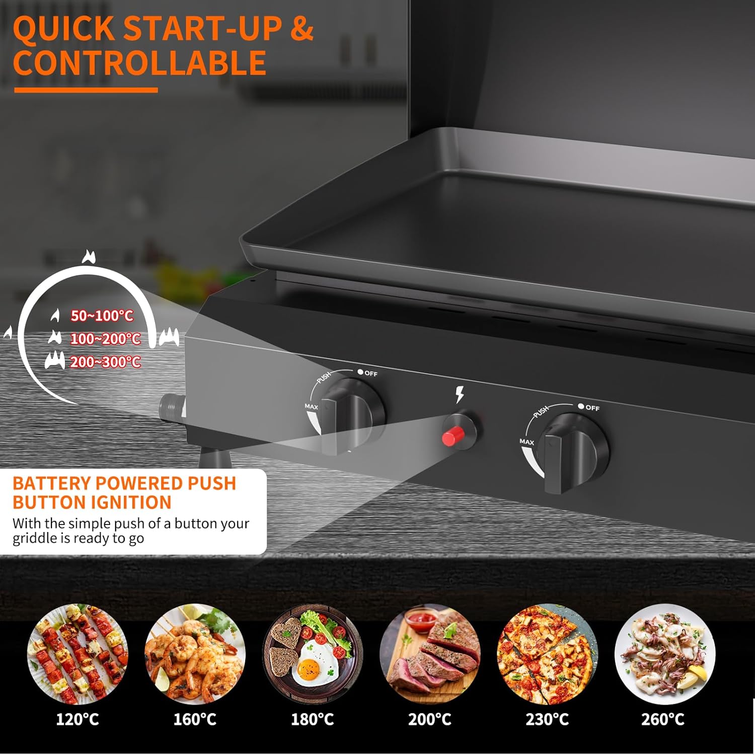 SKOK Gas Griddle - 23.3 Inch Portable Flat Top Grill with Hood for Camping & Tailgating | 45,000 BTU, 3 Burners