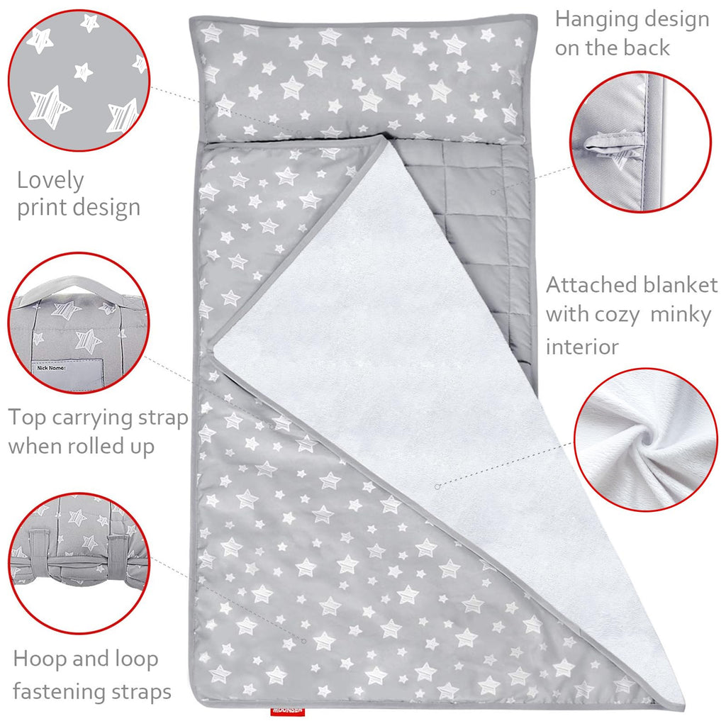 Moonsea Toddler Nap Mat with Pillow and Fleece Minky Blanket Grey, Lightweight and Soft Perfect for Toddlers Preschool, Daycare, Travel Sleeping Bag for Girls, 21" x 50" Fit on a Standard Cot