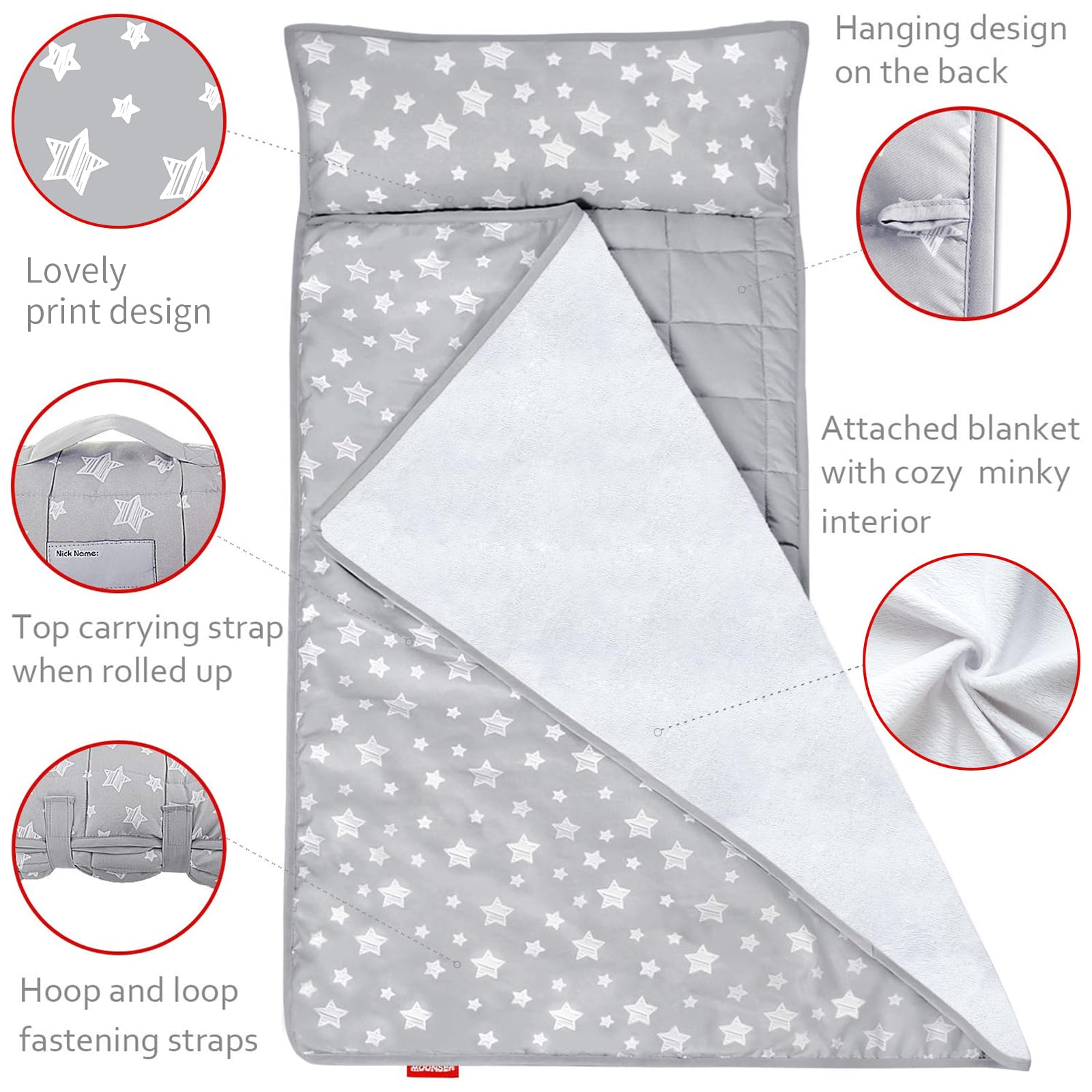 Moonsea Toddler Nap Mat with Pillow and Fleece Minky Blanket Grey, Lightweight and Soft Perfect for Toddlers Preschool, Daycare, Travel Sleeping Bag for Girls, 21" x 50" Fit on a Standard Cot