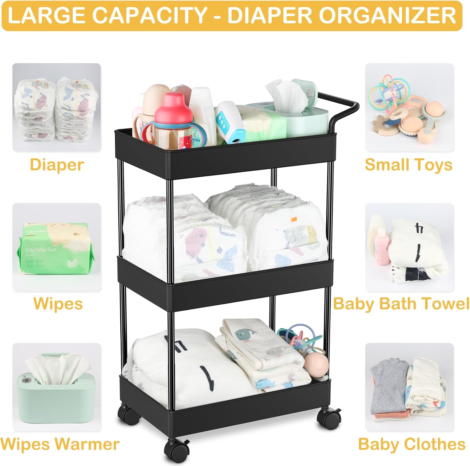 Volnamal Diaper Caddy - Versatile Plastic Organizer for Nursery Essentials | Movable Cart in Black