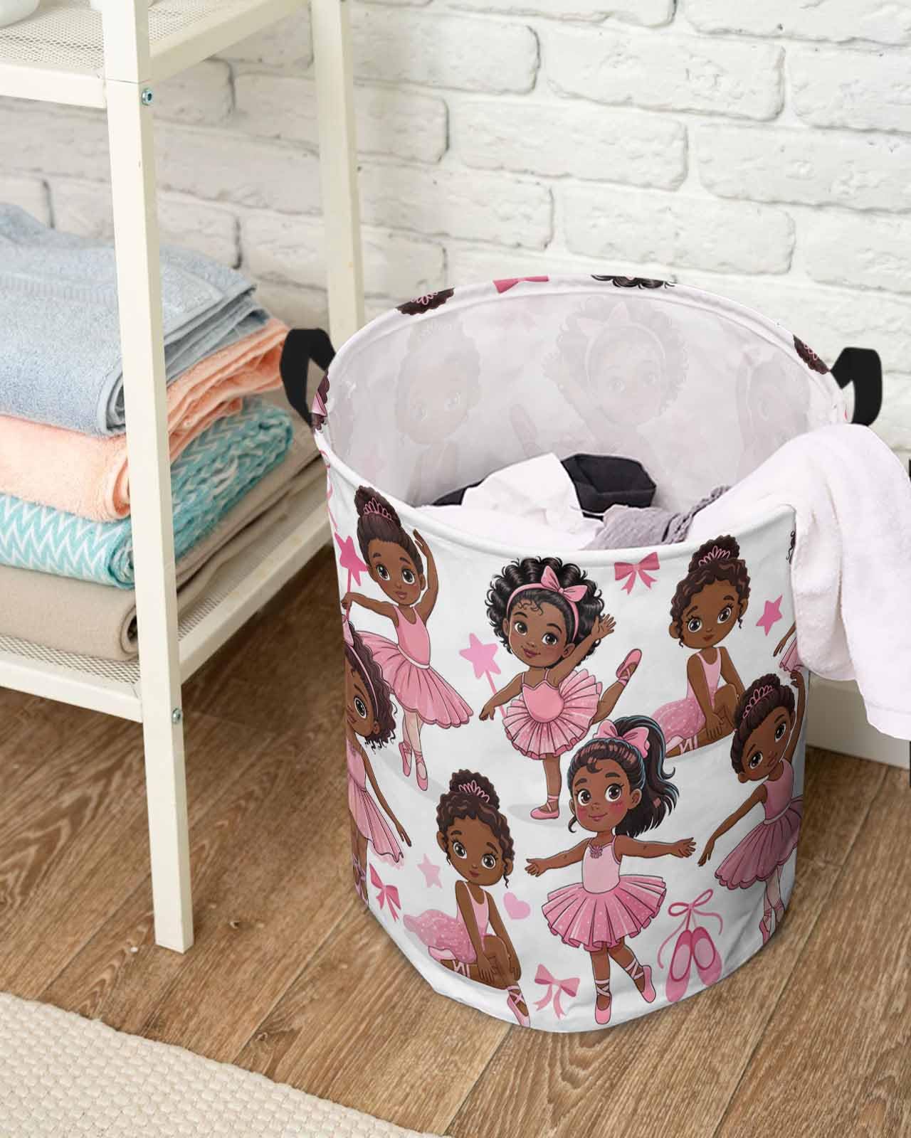Laundry Basket African Black Girl Ballet Dance,Waterproof Collapsible Clothes Hamper Pink Skirt Star Bow,Large Storage Bag for Bedroom Bathroom