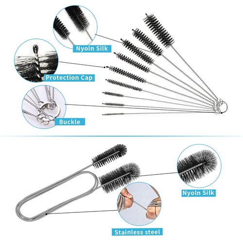 10PCS Flexible Drain Brush Straw Cleaner Brush Set,Pipe Cleaners Brush,61Inch Stainless Steel Double-Ended Hose Brush 8.2Inch Nylon Long CPAP Tube Cleaning Brush for Home Kitchen Sink Plumbing