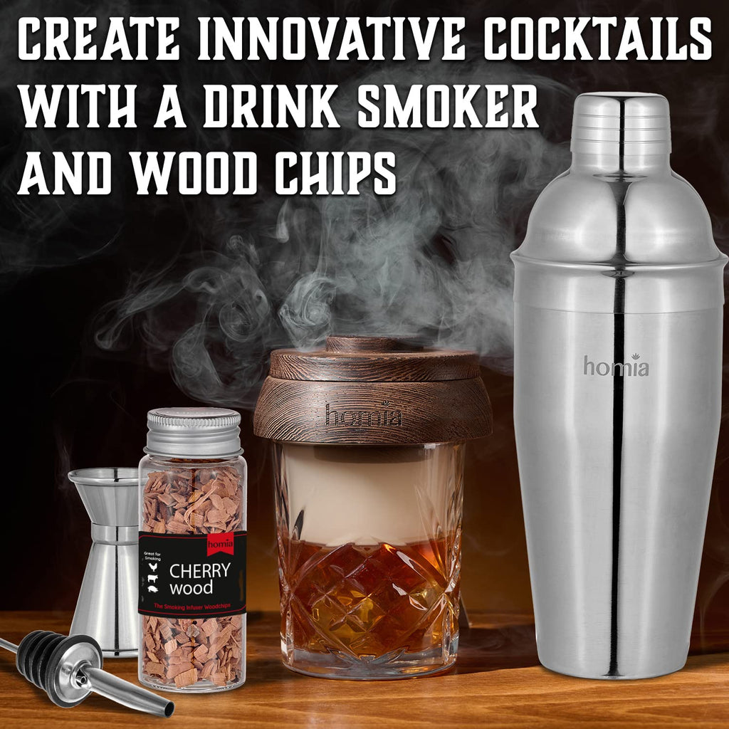 Bartender Kit with Whiskey Smoker - 13 pcs, Bamboo Stand - Bar Set with Cocktail Shaker, Bartending Kit with Essential Bar Accessory Tools, Wood Chips, Black Matte