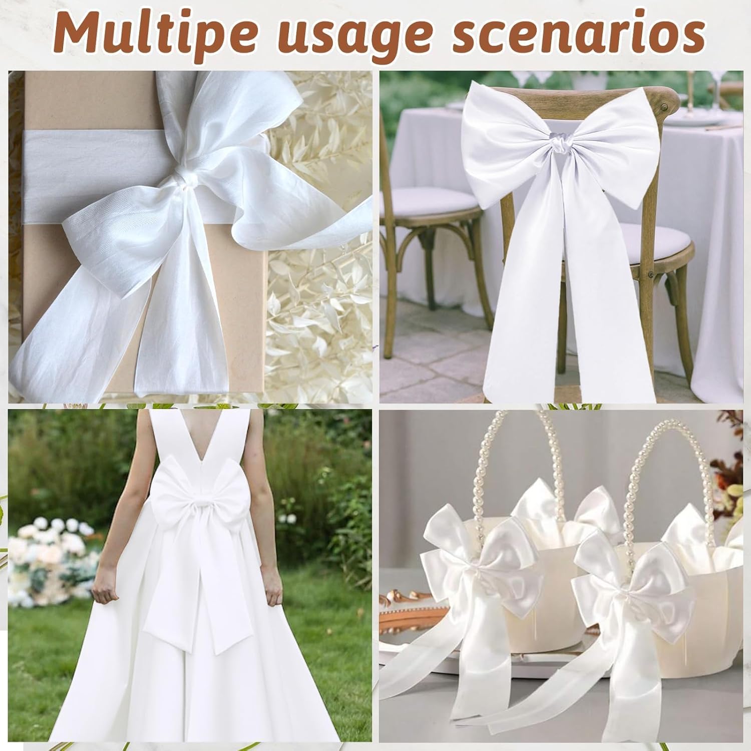 Skiennix 6 PCS White Satin Wreath Sashes - Embroidered Decor for Weddings & Holidays
