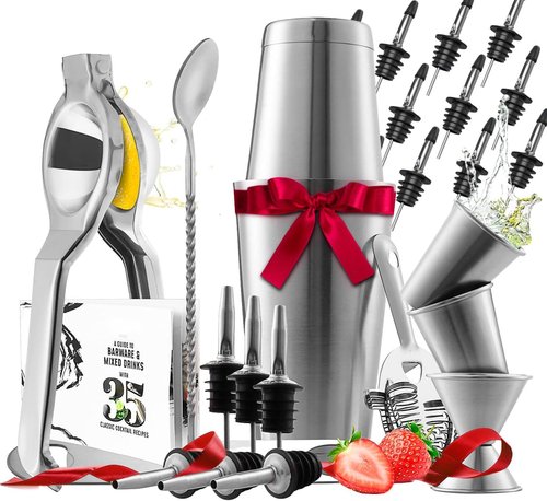 Eatex Cocktail Shaker Set - 28-Piece Stainless Steel Mixology Kit with Bar Tools & Recipe Book | Silver
