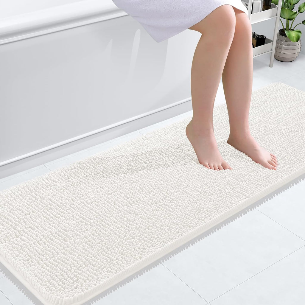 OLANLY Bathroom Runner Rugs - Extra Soft Chenille Bath Mat with Rubber Backing | 59x20 Inches, Ivory