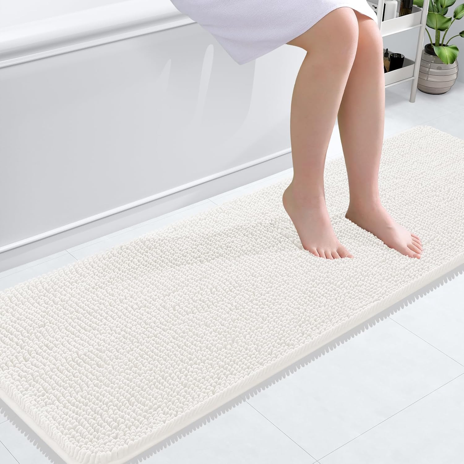 OLANLY Bathroom Runner Rugs - Extra Soft Chenille Bath Mat with Rubber Backing | 59x20 Inches, Ivory
