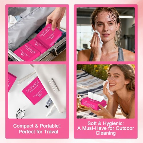 FACEMADE Disposable Travel Towels - 48 Count Biobased Face Towels | Super Soft & Thick for Outdoor Cleaning